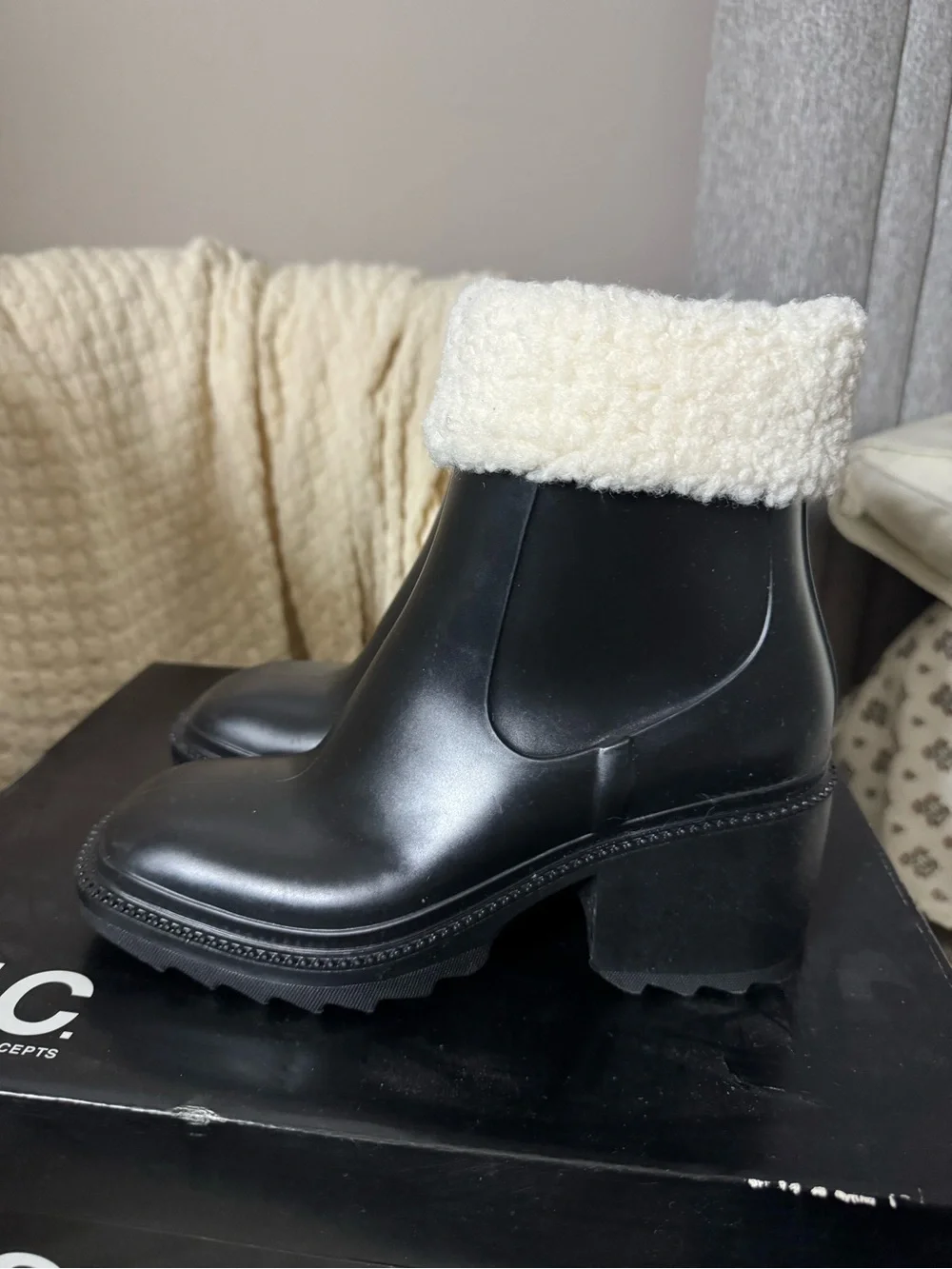INC International Concepts Black Ankle Boots with Cream Faux-Shearling Cuff